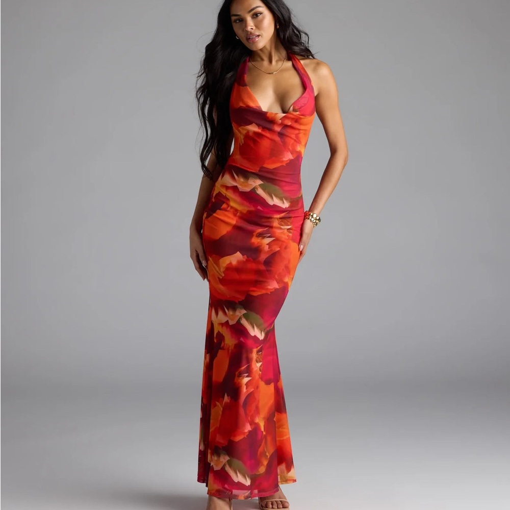 Windsor Vibrant Red and Orange Floral Maxi Dress